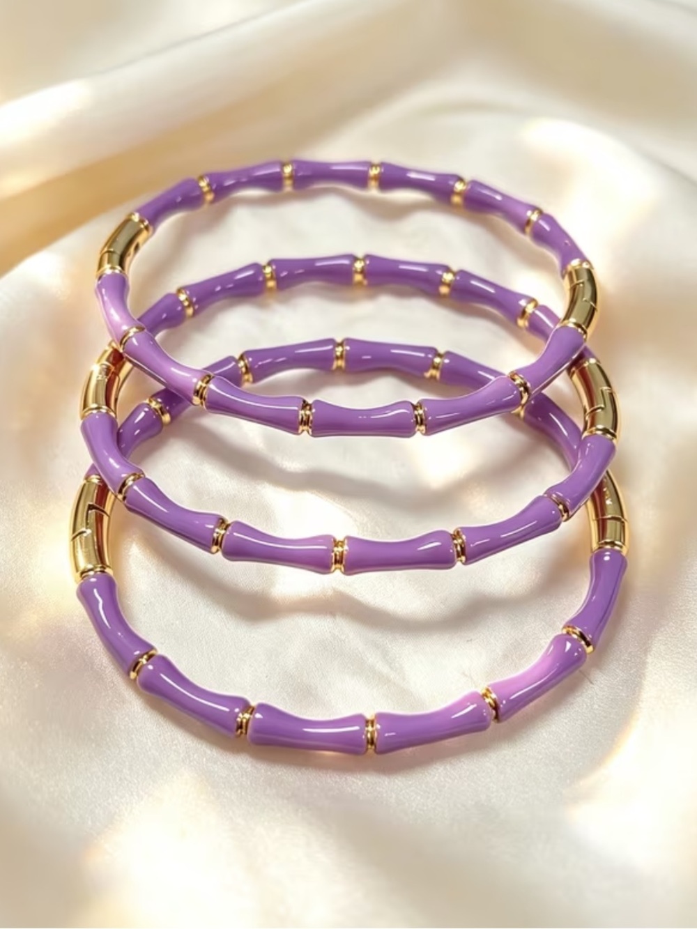 Purple Enamel and Gold Bamboo-Style Bangle Bracelet - Women Jewelry